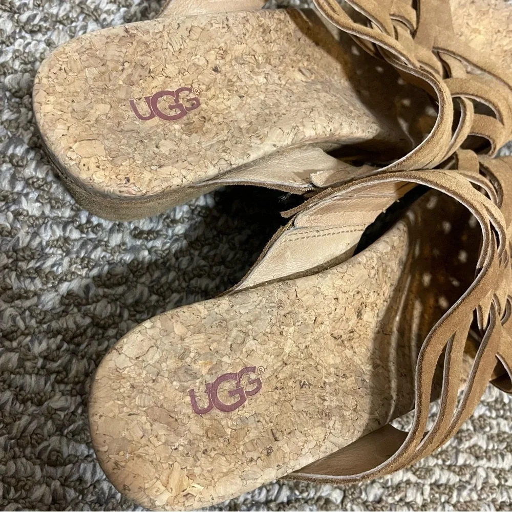 UGG Lilah Wedge Chestnut Brown Suede Cork Strappy Sandals Slip On